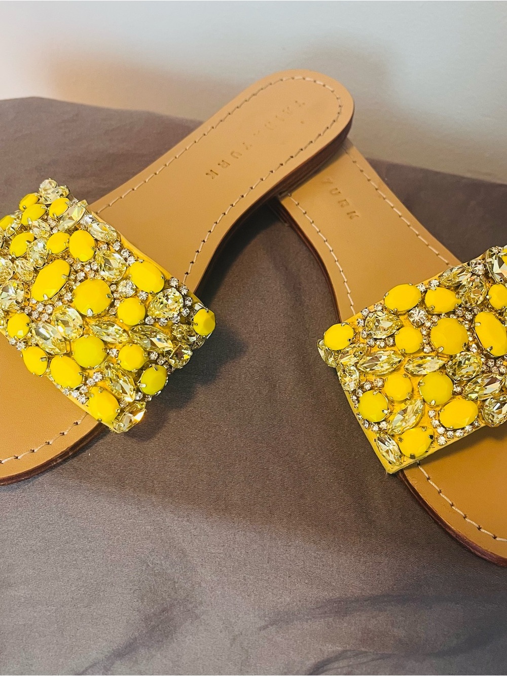 Trina Turk Yellow Jeweled Slide Sandals with Crystal Embellishments - Picture 7 of 7